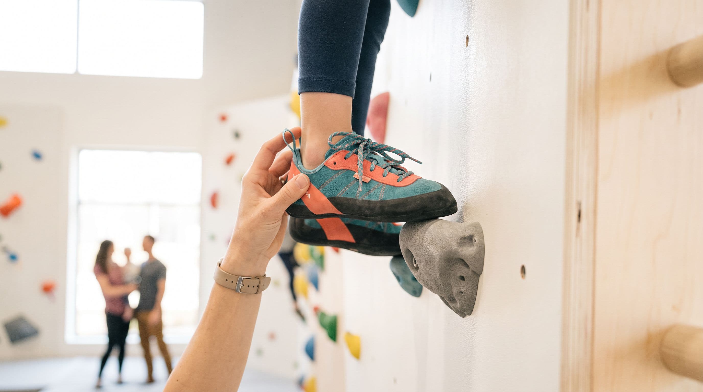 Enfant grimpant en salle d'escalade avec des chaussons colorés
